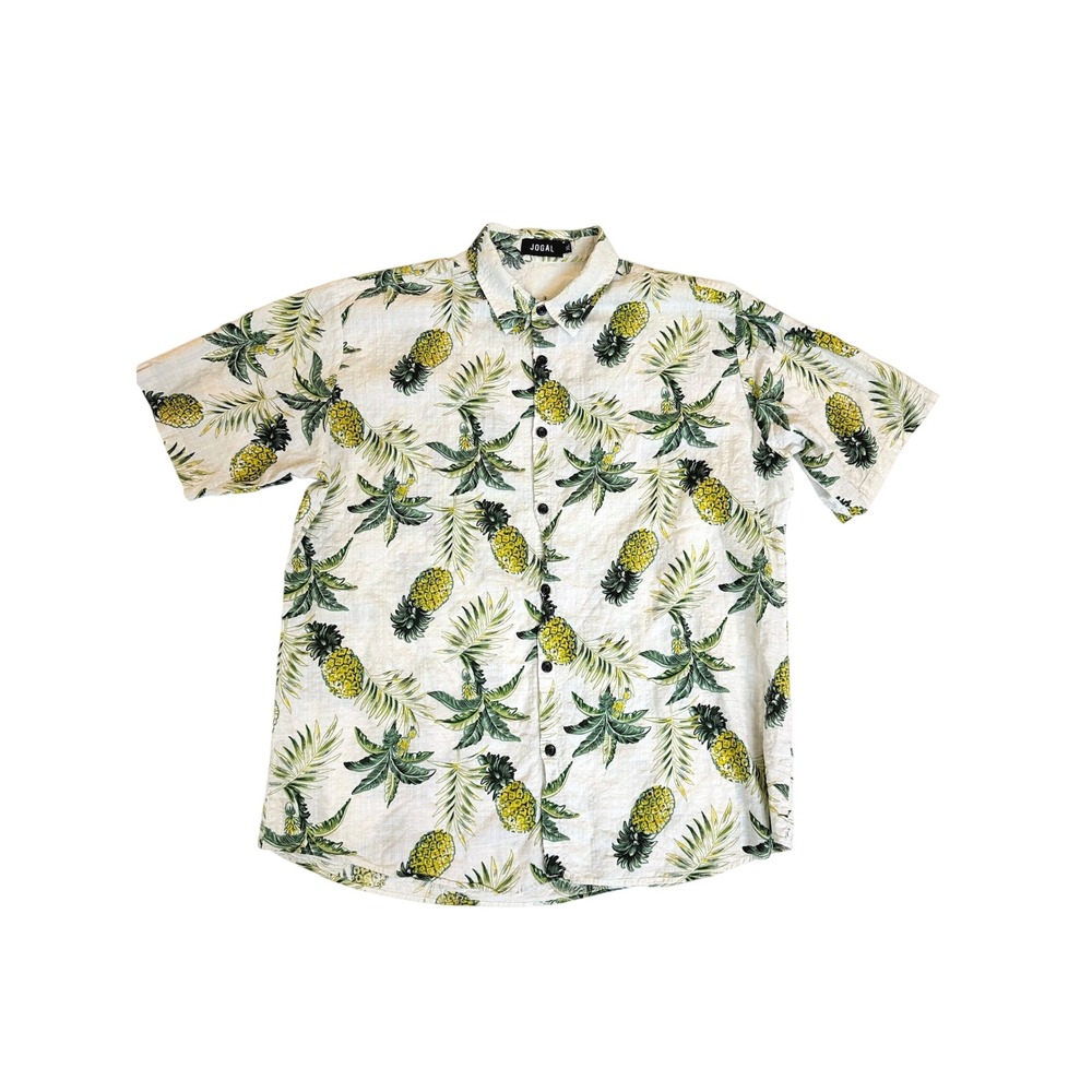 JOGAL Button Down Shirt Mens XL White Pineapple Tropical Print Short Sleeve